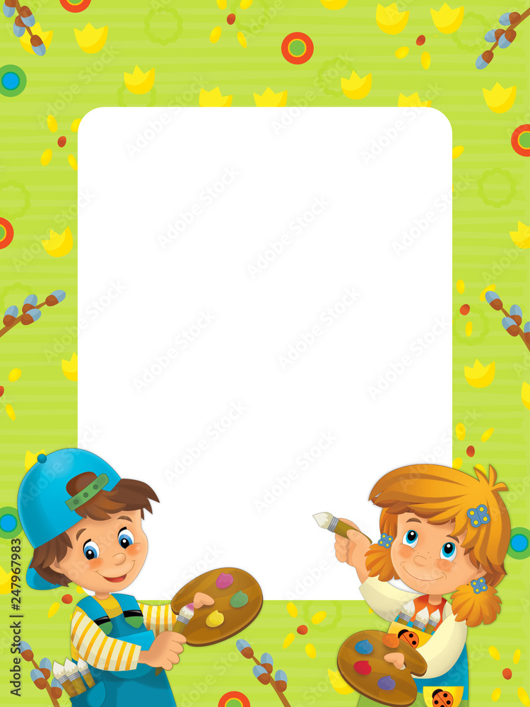 cartoon scene with kids girl and boy painting with frame on white background - illustration for children cartoon scene with kids girl and boy painting with frame on white background - illustration for children