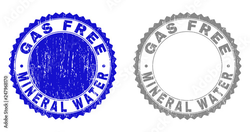 Grunge GAS FREE MINERAL WATER stamp seals isolated on a white background. Rosette seals with grunge texture in blue and grey colors.