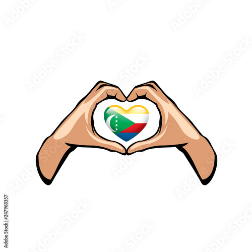 Comoros flag and hand on white background. Vector illustration