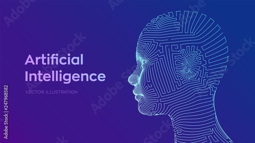 AI. Artificial intelligence concept. Ai digital brain. Abstract digital human face. Human head in robot digital computer interpretation. Robotics concept. Wireframe head concept. Vector illustration.