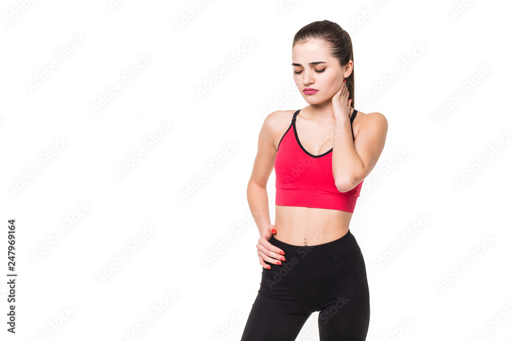 Back view of a fitness woman with neck pain isolated on a white background