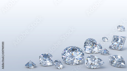 Variously cut diamonds scattered along the image corner on light blue background