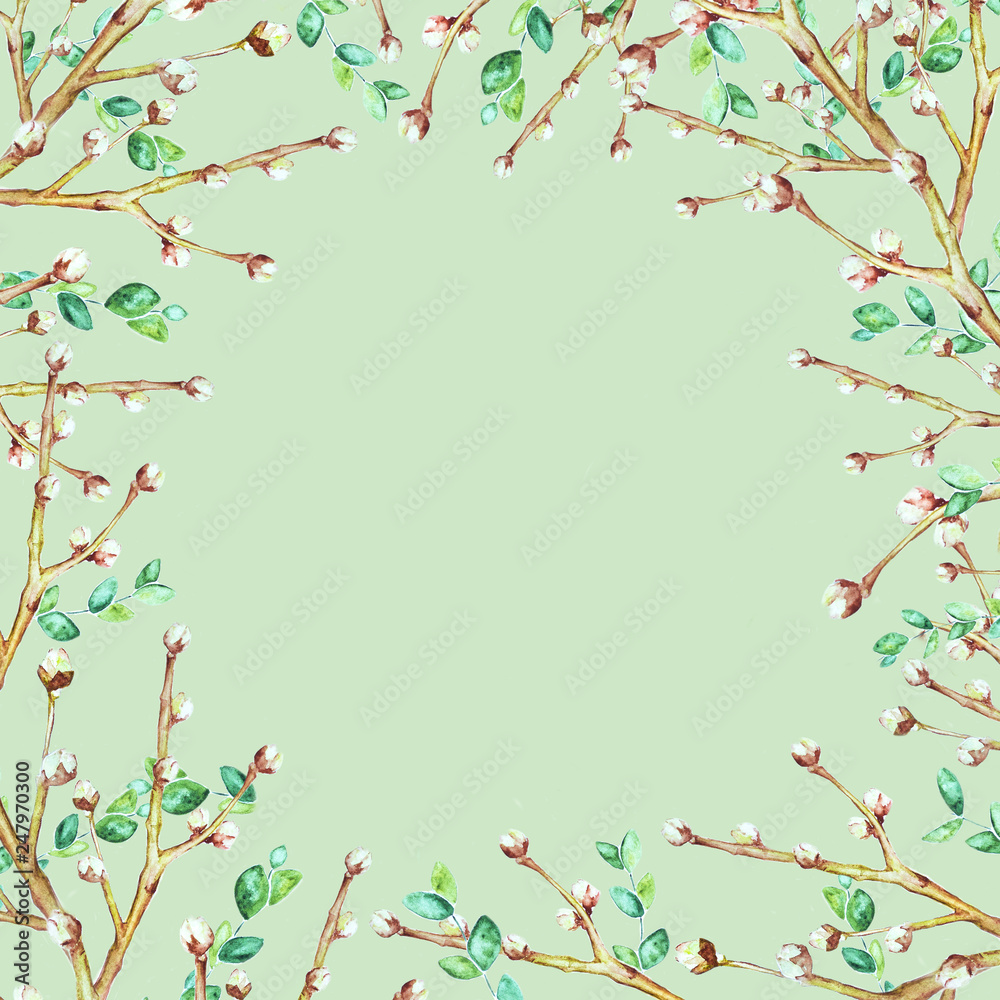 watercolor spring botanical frame hand-drawn green leaves and branches with buds on light green background 
