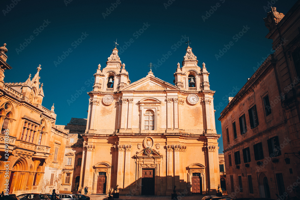 Famous Saint Poul Cathedral in Mdina village of Malta, Europe