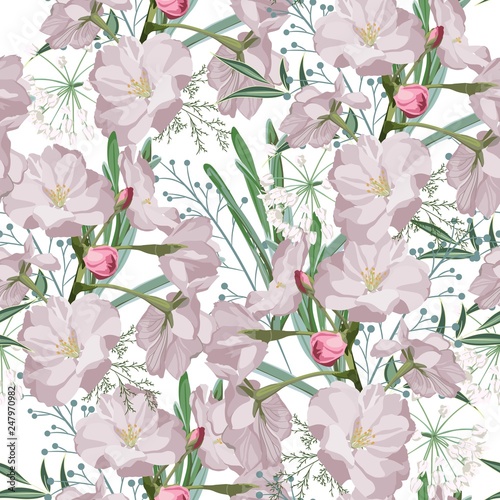 Sakura. Seamless pattern. Pink Cherry blossom branches with herbs. Spring botanical illustration. White background.
