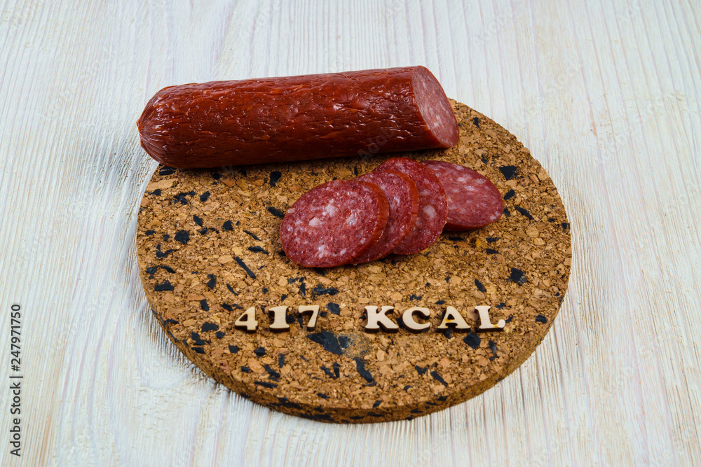 calorie foods smoked sausage 417 kcal 100 grams diet foto de Stock Adobe Stock