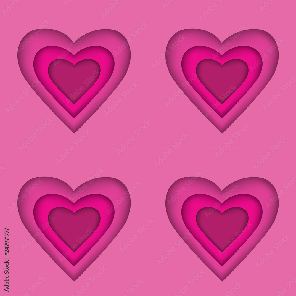 Pattern with paper cut heart shape. Template for Valentines day and greeting card backgrounds. Colorful vector illustrat
