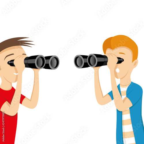 Young people looking through binoculars on a white background.