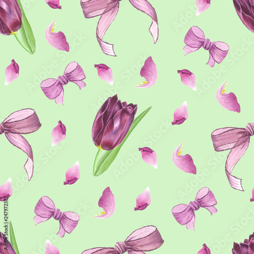 Tulips, petals and bows. Watercolor pattern.