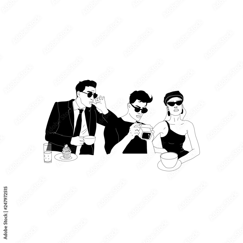 A couple of men and women, fashionable young girl in glasses, brutal guy in stylish clothes, people with coffee, a book or a newspaper A couple of men and women, fashionable young girl in glasses, brutal guy in stylish clothes, people with coffee, a book or a newspaper