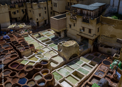 Morocco, Africa, Fez, Leather dyehouses of the city of Fez.