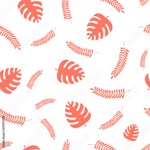 Tropical leaves monstera seamless pattern in Colour of the year 2019 Pantone Living Coral
