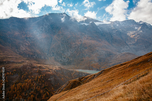 View of mountain with blue sky from Grossglockner High Alpine Road in Austria