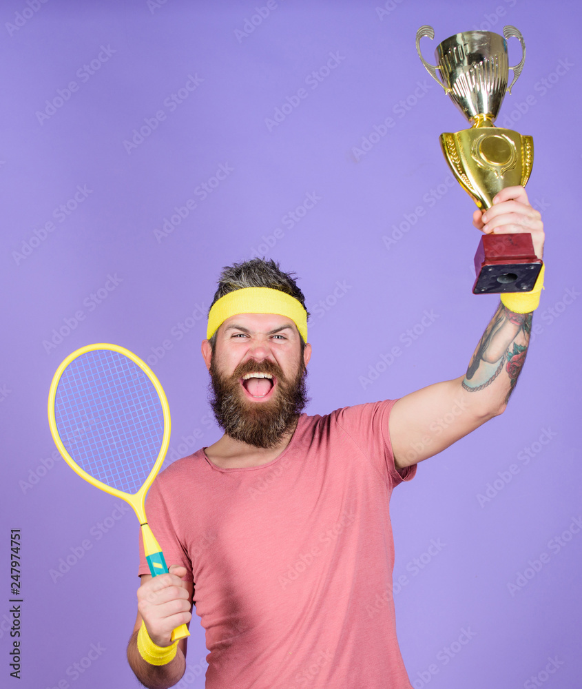 Celebrate victory. Tennis champion. Athletic man hold tennis racket and  golden goblet. Win tennis game. Tennis player win championship. Man bearded  successful athlete. First place. Sport achievement Stock Photo | Adobe Stock