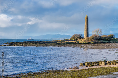 Largs Foreshore and the Ancient Pencil Monument Commemorating the Viking Battle of Largs in 1263.