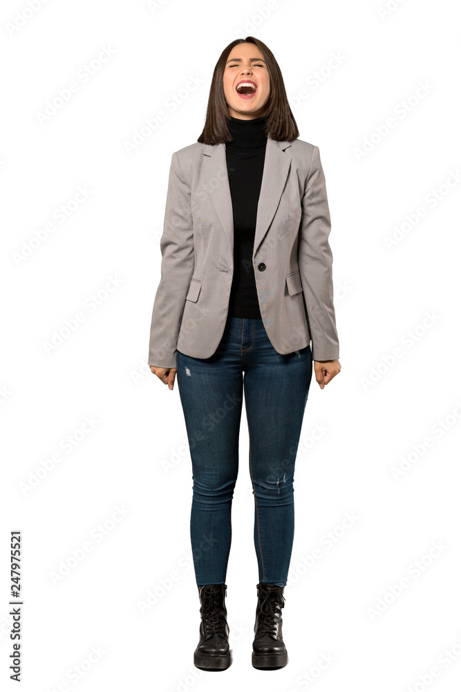 A full-length shot of a Young business woman shouting to the front with mouth wide open over isolated white background A full-length shot of a Young business woman shouting to the front with mouth wide open over isolated white background