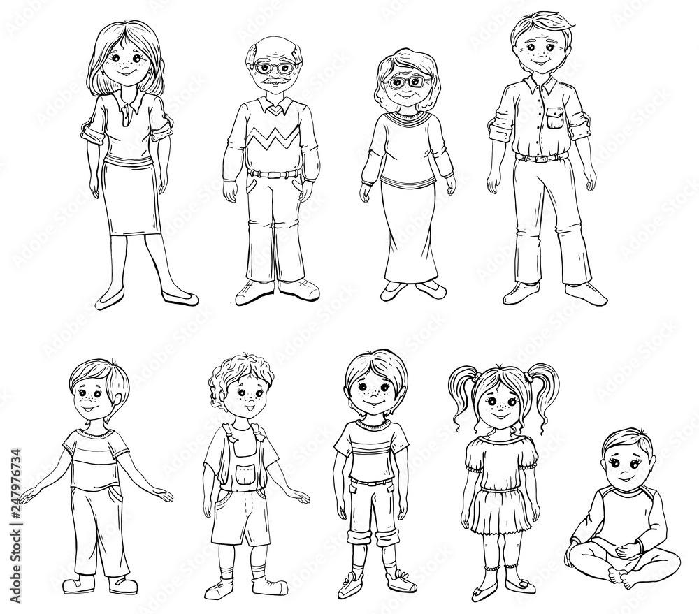Set of cartoon people in various lifestyles and ages. Including businessman, man, woman, teenagers, children, seniors, couple. Characters illustrations for your design. set of family members, isolated Set of cartoon people in various lifestyles and ages. Including businessman, man, woman, teenagers, children, seniors, couple. Characters illustrations for your design. set of family members, isolated