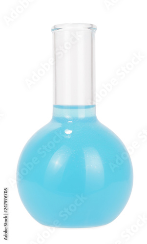 Chemical blue liquid additive in glass chemistry bottle