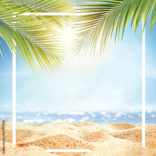 Summer background with frame, nature of tropical golden beach with rays of sun light and leaf palm. Golden sand beach close-up, sea water,  blue sky. Copy space, summer vacation concept.