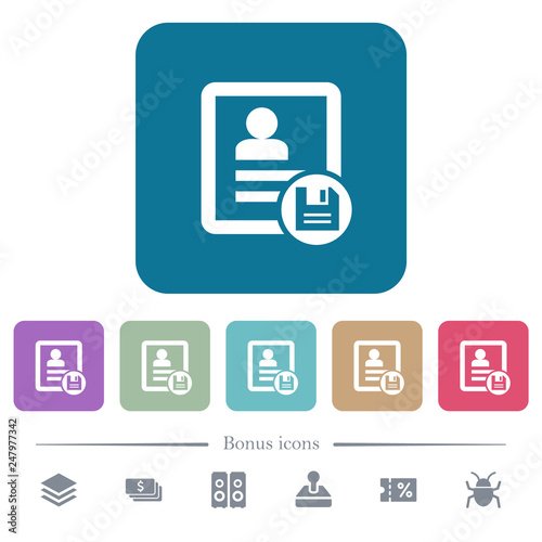 Save contact changes flat icons on color rounded square backgrounds