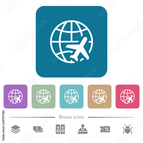 World travel flat icons on color rounded square backgrounds