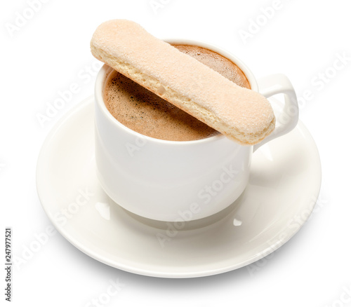 White ceramic cup of coffee with a savoiardi ladyfinger cookie on a plate