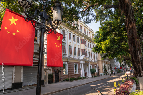 celebrating china day flags hanging background colonial buildings