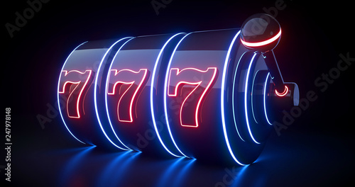Photography Futuristic Slot Machine Concept With Red And Blue Neon Lights Isolated On The Bl