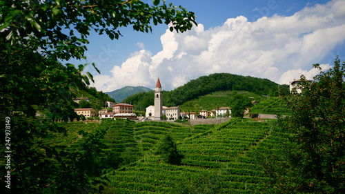 View of the green Prosecco wine hill and blue sky in background - Rolle - Cison di Valmarino - Strada del Prosecco - Chiesa dei Santi Giacomo e Filippo - Borgo tutelato dal FAI