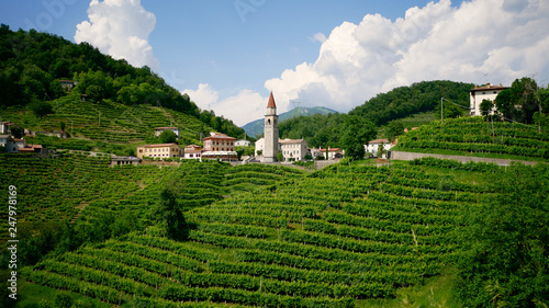 View of the green Prosecco wine hill and blue sky in background - Rolle - Cison di Valmarino - Strada del Prosecco - Chiesa dei Santi Giacomo e Filippo - Borgo tutelato dal FAI