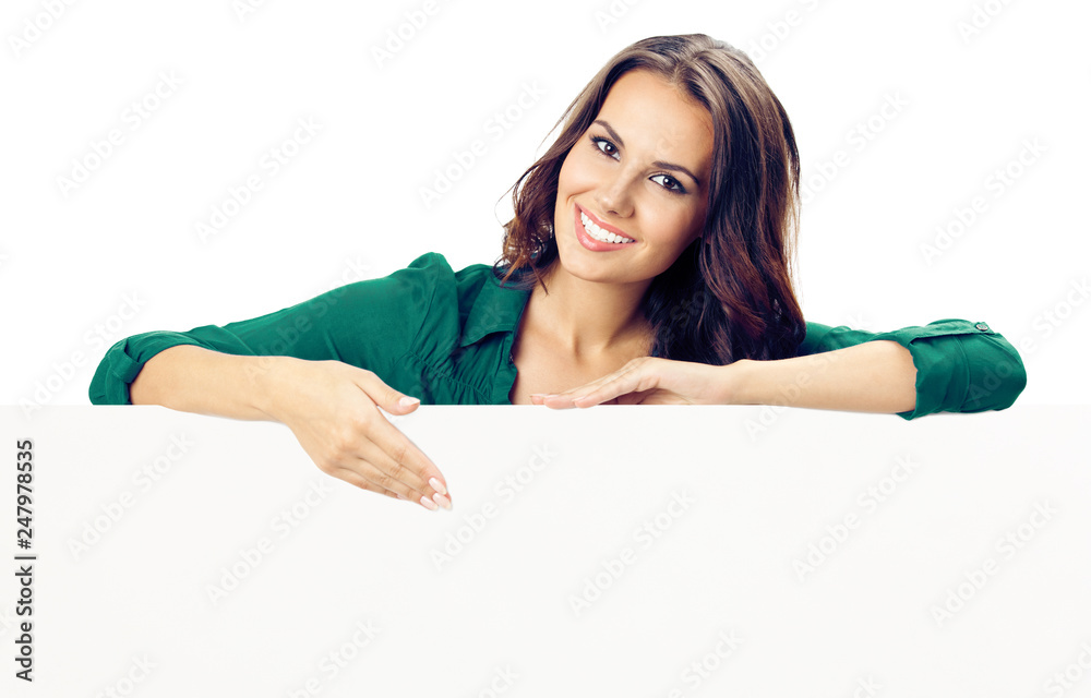 Young woman with blank signboard, on white