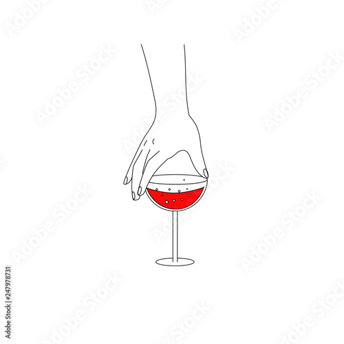 A hand is holding a glass with wine, champagne and martini or another drink. Celebration, party. Hand drawn vector illustration 