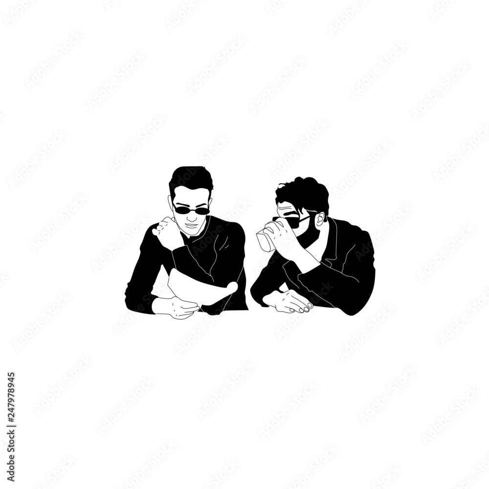 isolated figures of men, businessmen, fashionable brutal guys in stylish clothes, portrait of a man in glasses, man with coffee and newspaper. Hand drawn vector illustration isolated figures of men, businessmen, fashionable brutal guys in stylish clothes, portrait of a man in glasses, man with coffee and newspaper. Hand drawn vector illustration