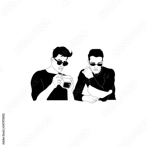 isolated figures of men, businessmen, fashionable brutal guys in stylish clothes, portrait of a man in glasses, man with coffee and newspaper. Hand drawn vector illustration