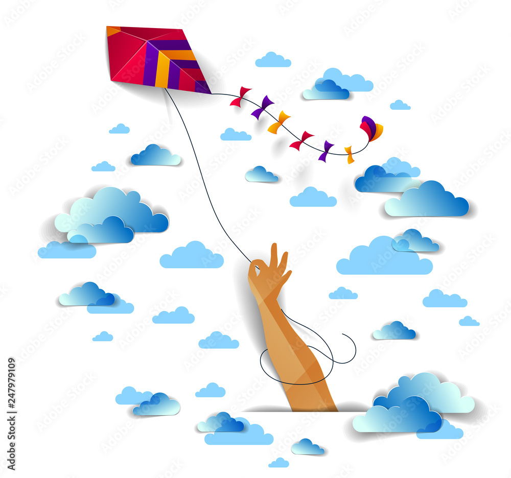 Hand holding kite over cloudy sky, freedom and easiness emotional concept, vector modern style ...