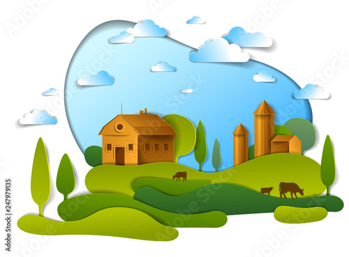 Scenic landscape of farm buildings among meadows trees and clouds in the sky, vector illustration of summer time relaxing nature in paper cut style. Countryside beautiful ranch.