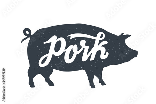 Pig, pork. Vintage lettering, retro print, poster
