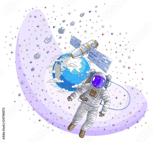 Astronaut flying in open space connected to space station and earth planet in background, spaceman in spacesuit floating in weightlessness and iss spacecraft, stars and other elements.