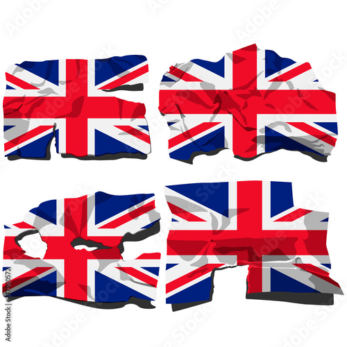 set of four flags, illustration of torn flags, great Britain flag