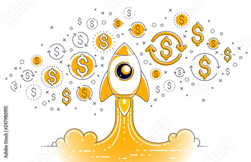 Startup rockets take off, space rockets flying start up business concept, vector illustration.