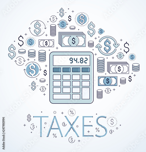 Calculator taxes and accounting concept surrounded by financial icon set, bookkeeping, taxation, vector design.
