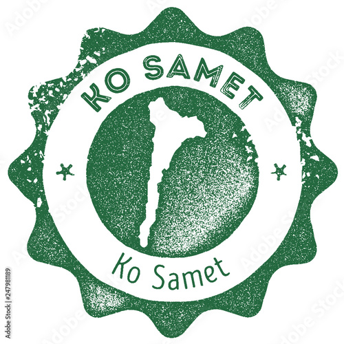 Ko Samet map vintage stamp. Retro style handmade label, badge or element for travel souvenirs. Dark green rubber stamp with island map silhouette. Vector illustration.
