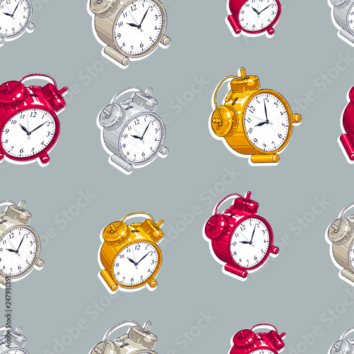 Alarm clocks seamless background, timer, deadline hurry and wake up concept, vector wallpaper or web site background.