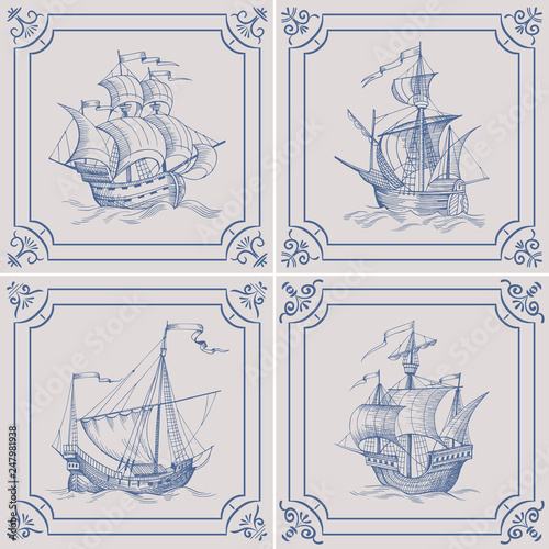 Old caravel. Ship on the Blue Dutch tile. Imitation. Frigate, vintage sailboat, Sailing vessel , glazed porcelain ceramic.