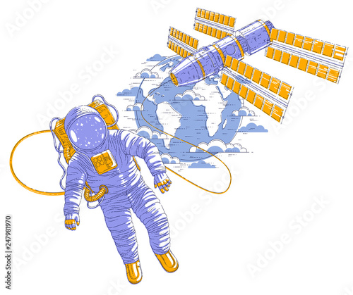 Astronaut flying in open space connected to space station and earth planet in background, spaceman in spacesuit floating in weightlessness and iss spacecraft with solar panels behind him. Vector.