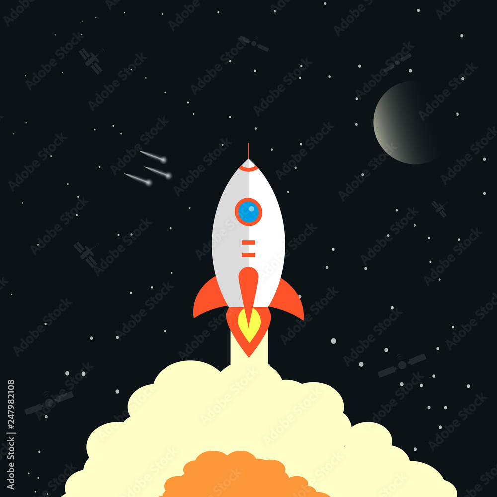 Rocket launch, night sky with moon and stars.flat design Rocket launch, night sky with moon and stars.flat design