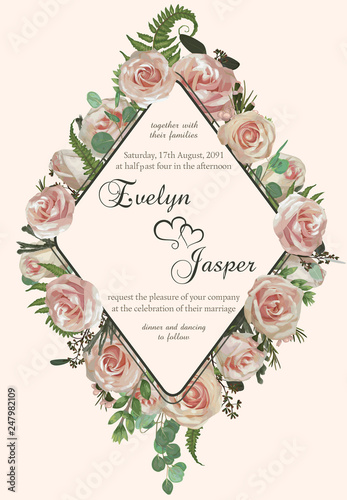 Wedding vertical floral invitation, invite card. Vector watercolor set green forest fern, herbs, flowers, brunia, eucalyptus, branches boxwood, buxus, chamaelaucium and pink rose. Botanical decorative