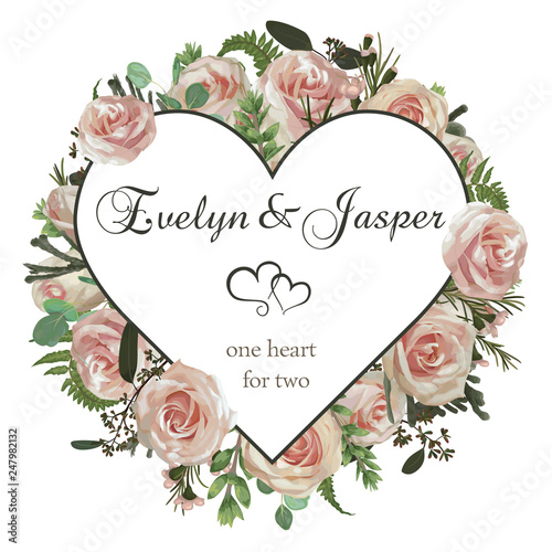 Valentine greeting card, invite card. Vector watercolor style herbs, flowers, eucalyptus,  forest fern, brunia, waxflower. Natural, branches boxwood, buxus, chamaelaucium and pink rose. Decorative