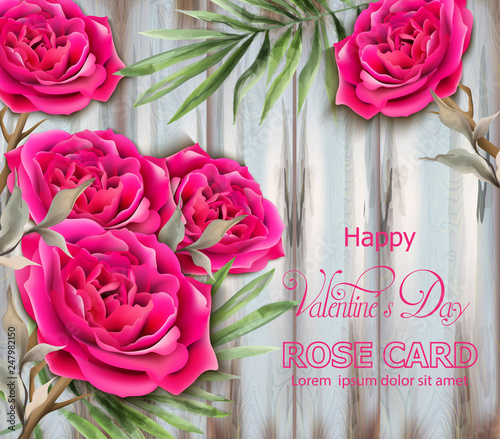 Roses card Vector realistic. Beautiful floral decor with palm leaves. Exotic ...