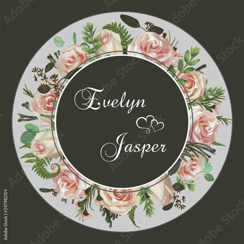 Wedding floral invitation, invite card. Vector set green forest fern, brunia, herbs, flowers, eucalyptus, branches boxwood, buxus, chamaelaucium and pink rose. Round frame on green background